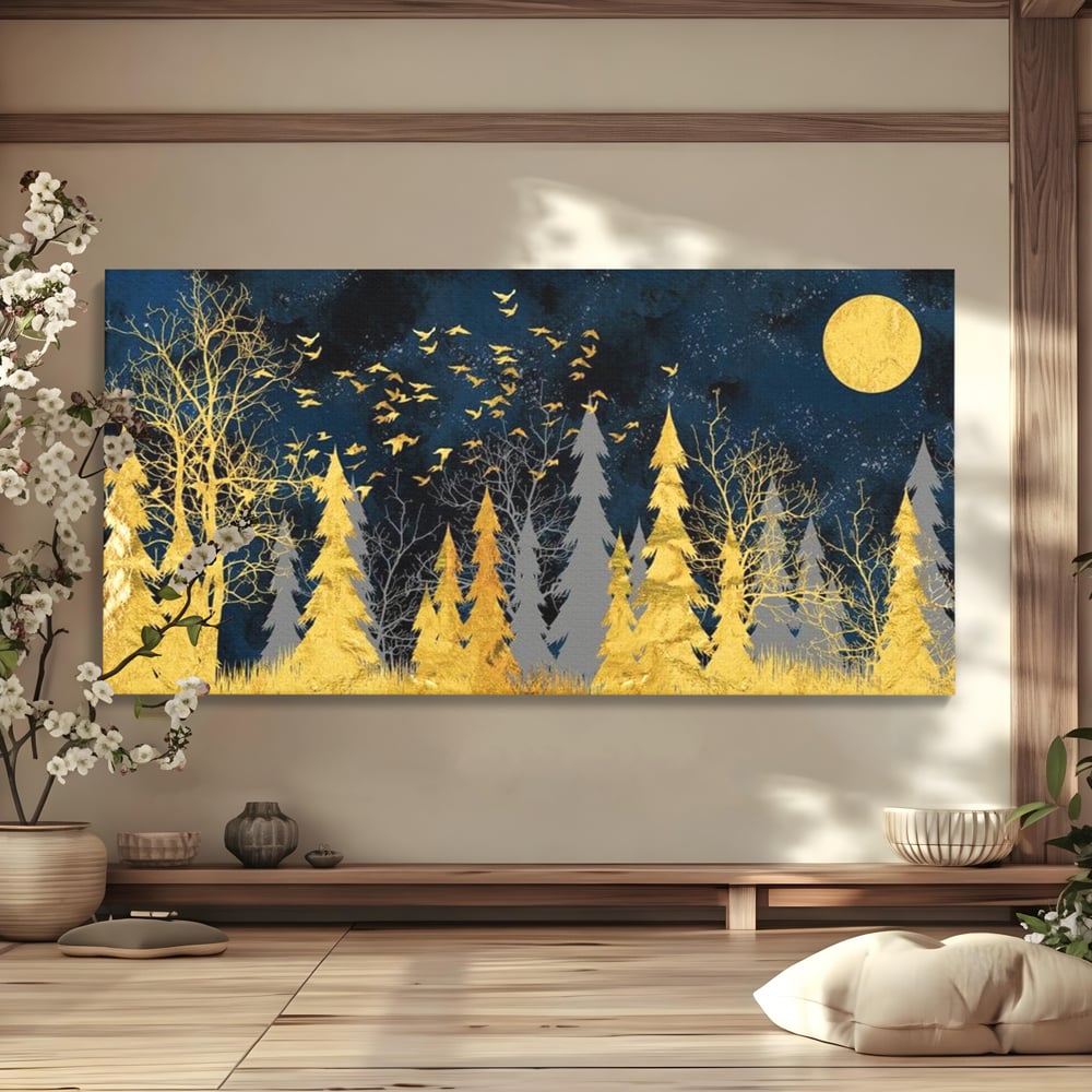 Tablou canvas cu tablou canvas cu padure aurie noaptea, fara rama, pe sasiu de lemn
